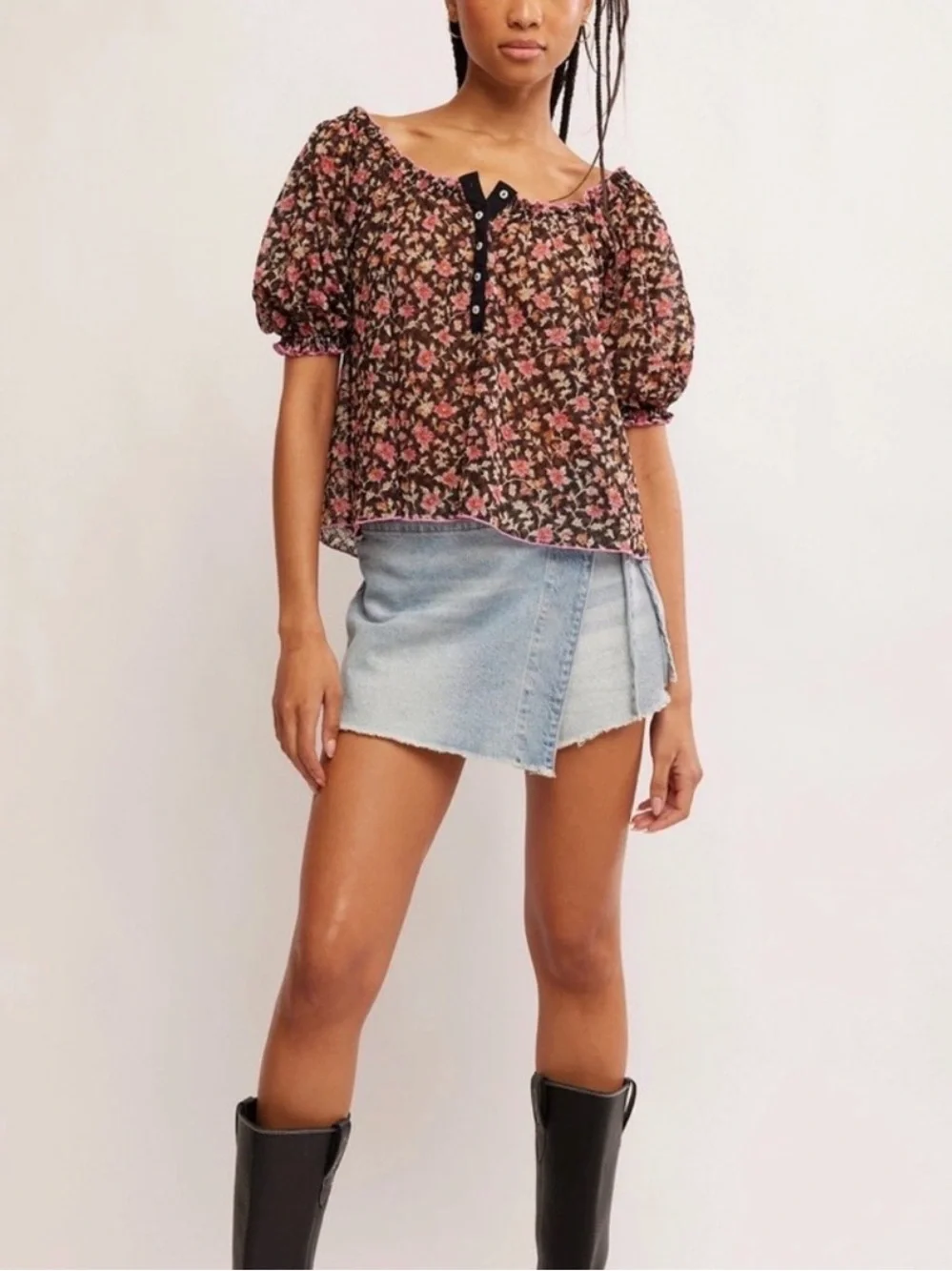 Free People Black Floral Lightweight Puff Sleeve Flowy Boho Top Sz S